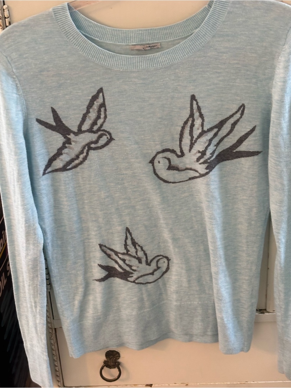 Halogen Light Gray Crewneck Sweater with Dark Gray Swallow Bird Motif